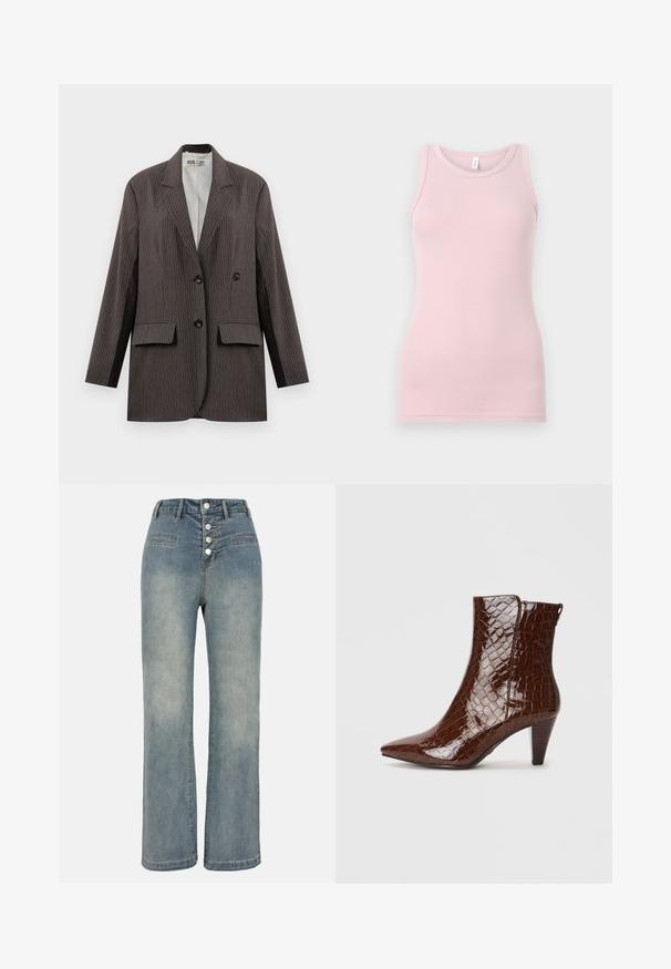 Blazer risca de giz em cinza escuro, com um design de duplo fecho, dois bolsos frontais e lapelas recortadas, com botões pretos.; Top de alças rosa claro feito de um tecido macio e elástico. Apresenta um decote redondo e alças finas, com uma textura suave e um corte justo.; Jeans de ganga de perna larga em azul claro com uma cintura alta, fecho de cinco botões e dois bolsos frontais. Textura suave com desvanecimento subtil.; Botim castanho de pele de crocodilo sintética, com bico fino e salto afunilado. Apresenta uma textura brilhante e detalhe de fecho lateral.