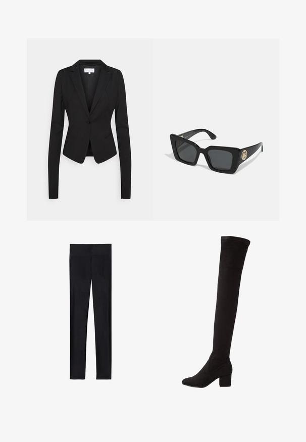 Czarny dopasowany żakiet z długimi rękawami, klapami o wycięciu, z jednym zapięciem na guzik oraz dwiema przednimi kieszeniami. Gładki materiał o strukturalnym kroju.; Czarny sweter z dzianiny o asymetrycznym dekolcie, długich rękawach i ribbowanej strukturze, o luźnym kroju i wykończeniu dołu.; Czarne legginsy wykonane z elastycznego materiału; charakteryzują się gładką teksturą, pełną długością i elastycznym pasem bez widocznych szwów.; Czarne zamszowe botki za kolano na słupku, z gładką teksturą i dopasowanym fasonem sięgającym powyżej kolana.; Czarne kwadratowe okulary przeciwsłoneczne z ciemnymi soczewkami i błyszczącymi czarnymi ramionami. Posiadają złoty okrągły akcent hardware po boku. Gładka tekstura na całej powierzchni.; Złoty różowy bransoleta składająca się z dwóch splatających się pasm, z jednym ozdobionym rzędem diamentów, gładką powierzchnią i gładkimi krawędziami.
