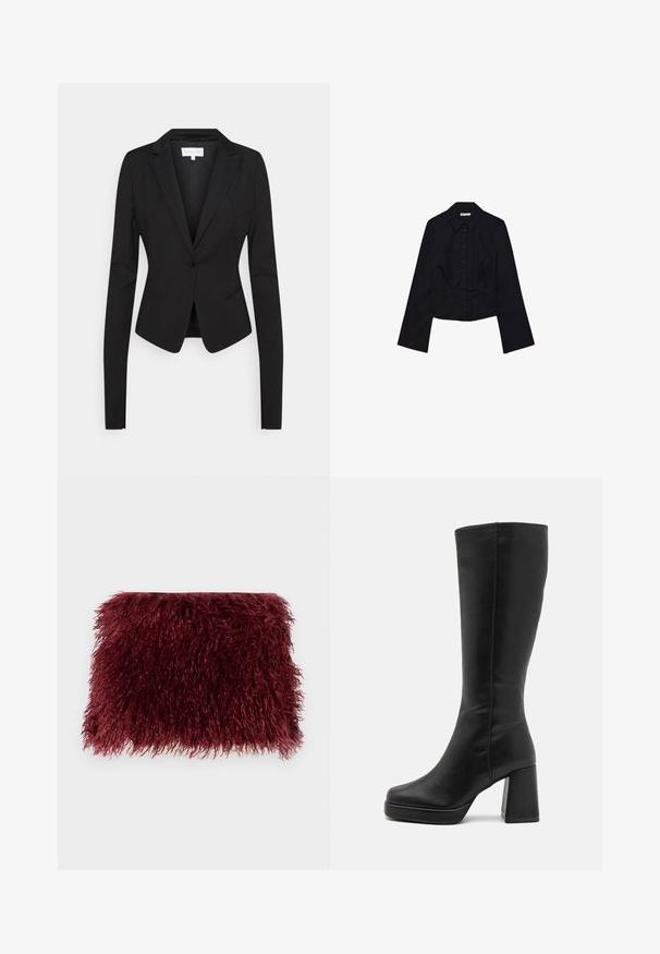 Black tailored blazer with long sleeves, notched lapels, a single button closure, and two front pockets. Smooth fabric with a structured fit.; Black cropped shirt with long sleeves, collared neck, and button-down front. Made of smooth fabric, featuring fitted design and minimal detailing.; Burgundy fur clutch with a textured, shaggy surface and an rectangular shape, featuring soft, long fibers throughout.; Anna Field High heeled boots - black