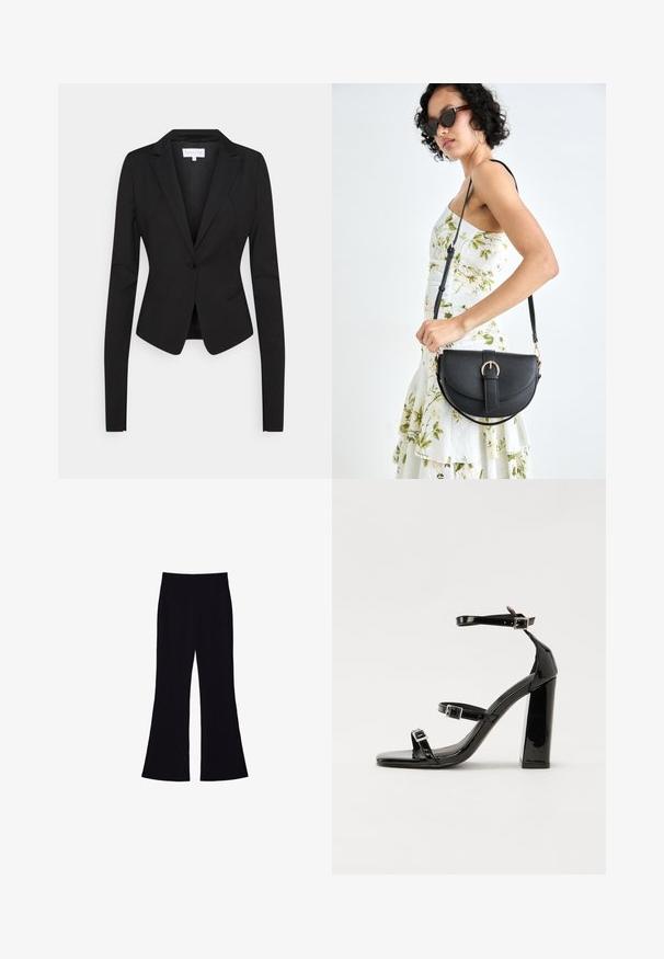 Blazer noir ajusté avec manches longues, revers crantés, fermeture à un bouton et deux poches avant. Tissu lisse avec une coupe structurée.; Top sans manches noir en tissu lisse, avec un col rond et une coupe ajustée, sans motifs ni ornements apparents.; Pantalons noirs évasés avec une taille haute et sans poches ni boutons visibles, présentés sur un fond blanc.; Sandales à talons vernies noires avec un bout carré, des sangles autour de la cheville et des boucles en argent. Dotées d'un talon bloc épais pour plus de stabilité.; Sac à main en cuir noir avec une forme courbée, bandoulière amovible et des accessoires en or. Le sac est doté d'un rabat avec un détail de boucle.