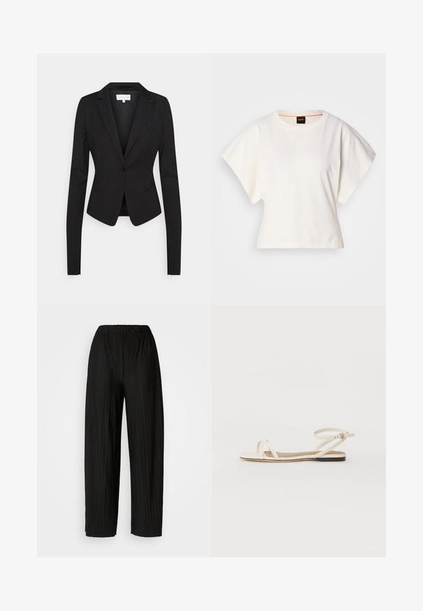 Melna pielāgota žakete ar garām piedurknēm, ieliektām atlokiem, vienu pogu un divām priekšējām kabatām. Gluda auduma struktūra ar pieguļošu piegriezumu.; Balts īsais T-krekls, plašas īsas piedurknes, mīksts kokvilnas materiāls, apaļa kakla izgriezums ar delikātu oranžu apdari, minimāls dizains, bez rakstiem vai grafikām.; Melni plaši svārki ar krokām un elastīgu jostu. Audumam ir vertikālas krokas un gluda tekstūra.; Kremkrāsas ādas plakanas sandalēs ar plānām krusteniskām siksnām, potītes siksna ar sprādzi, minimālistisks dizains un kontrastējoša melna zole.