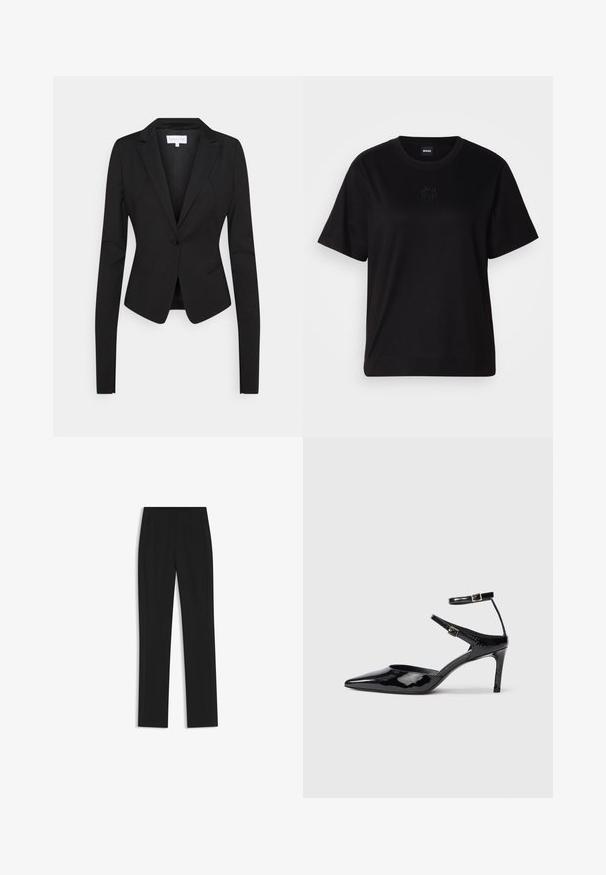 Schwarzer, taillierter Blazer mit langen Ärmeln, Reverskragen, einer einzelnen Knopfschließe und zwei Fronttaschen. Glatter Stoff mit strukturiertem Schnitt.; Schwarzes Baumwoll-T-Shirt mit Rundhalsausschnitt, kurzen Ärmeln und aufgesticktem Logo auf der Brust. Einfacher, lässiger Schnitt ohne Muster.; Schwarze maßgeschneiderte Hose mit geradem Bein, ausgestattet mit Fronttaschen und einem glatten, strukturierten Stoff. Saubere, minimale Details.; Schwarze Lacklederabsätze mit spitzer Zehenpartie, verstellbaren Knöchelriemen und einem schlanken Absatz. Glatte Textur mit glänzender Oberfläche.
