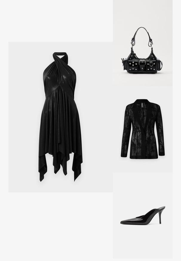Blazer preto com sobreposição de rendas transparentes com padrões florais, gola com aberturas e mangas longas. Tecido texturizado com um corte ajustado.; Vestido preto com decote halter e design drapeado. Feito de material brilhante, apresenta um decote torcido e barra assimétrica. Textura suave.; Mule de salto alto em couro envernizado preto com ponta fina e uma silhueta elegante, apresentando um calcanhar aberto e um salto stiletto esbelto.; Bolsa de couro preta com um design curvado, apresentando tachas prateadas, uma fivela e dois bolsos laterais. Alça ajustável para opções de transporte.