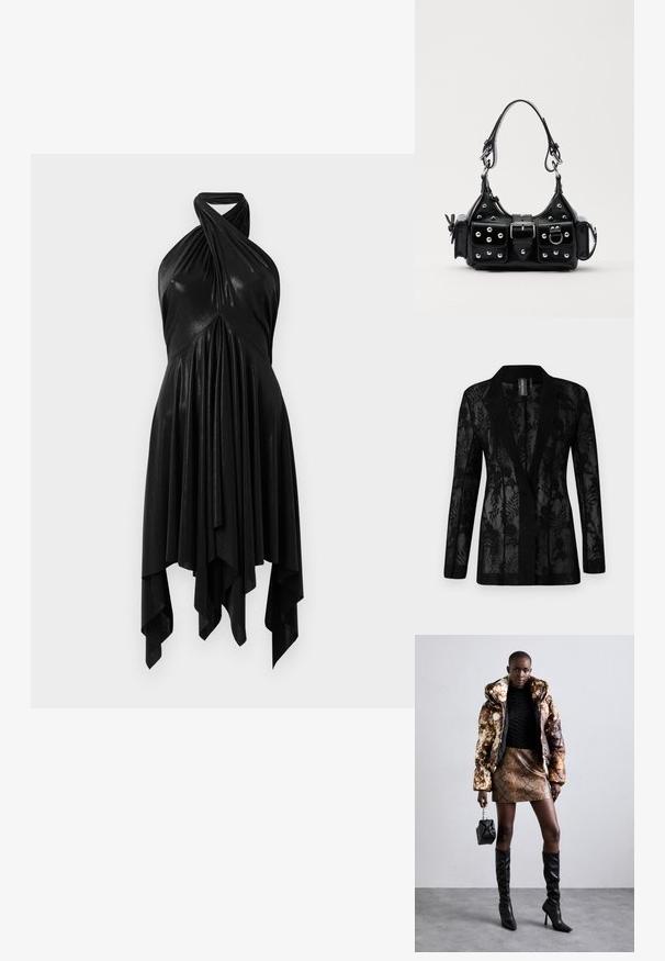Černý blazer s průhlednou krajkovou vrstvou a květinovými vzory, s klopovým límcem a dlouhými rukávy. Texturovaná tkanina s přizpůsobeným střihem.; Černé halter šaty s draped designem. Vyrobené z lesklého materiálu, s propleteným výstřihem a asymetrickým lemem. Hladká textura.; Puffa bunda s hnědým a černým vzorem, zkombinovaná s hnědou mini sukní s hadím vzorem, černými vysokými botami a malou černou taškou.; Černá kožená kabelka s křivkovým designem, zdobená stříbrnými hřebíky, s přezkou a dvěma bočními kapsami. Nastavitelný popruh pro různé možnosti nošení.