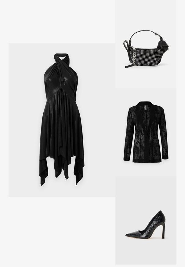 Sort blazer med en gennemsigtig kantsyre med blomstermønstre, en klippekrave og lange ærmer. Textureret stof med en skræddersyet pasform.; Sort halterneck kjole med draperet design. Fremstillet af skinnende materiale, med en snoet halsudskæring og asymmetrisk fald. Glat tekstur.; Sorte spidse tå stiletto-sko i krokodilleskind med et strømlinet design, høj hæl og glat sort inderside.; Sort håndtaske med naglede dekorationer, en kædestrop og et glat læderhåndtag, med en rund form og en lynlåslomme.