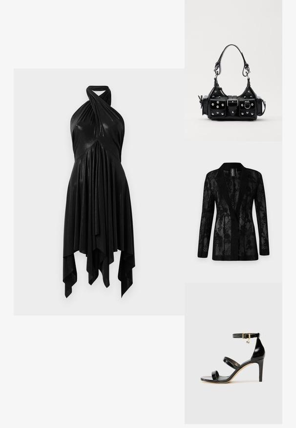 Čierny blazer s priehľadnou čipkovou vrstvou s kvetinovými vzormi, s výstrihom a dlhými rukávmi. Textúrovaná tkanina s strihom na mieru.; Čierne halter šaty s drapériou. Vyrobené z lesklého materiálu, s prekrúteným výstrihom a asymetrickým lemom. Hladká textúra.; Čierne lakované sandále s tromi pásikmi, spona na členku a 10 cm ihlovým podpätkom. Obsahujú zlaté detaily s hardwarem a logo prívesok.; Čierna kožená kabelka s zakriveným dizajnom, doplnená striebornými cvočkami, prackou a dvoma bočnými vreckami. Nastaviteľný popruh poskytuje rôzne možnosti nosenia.