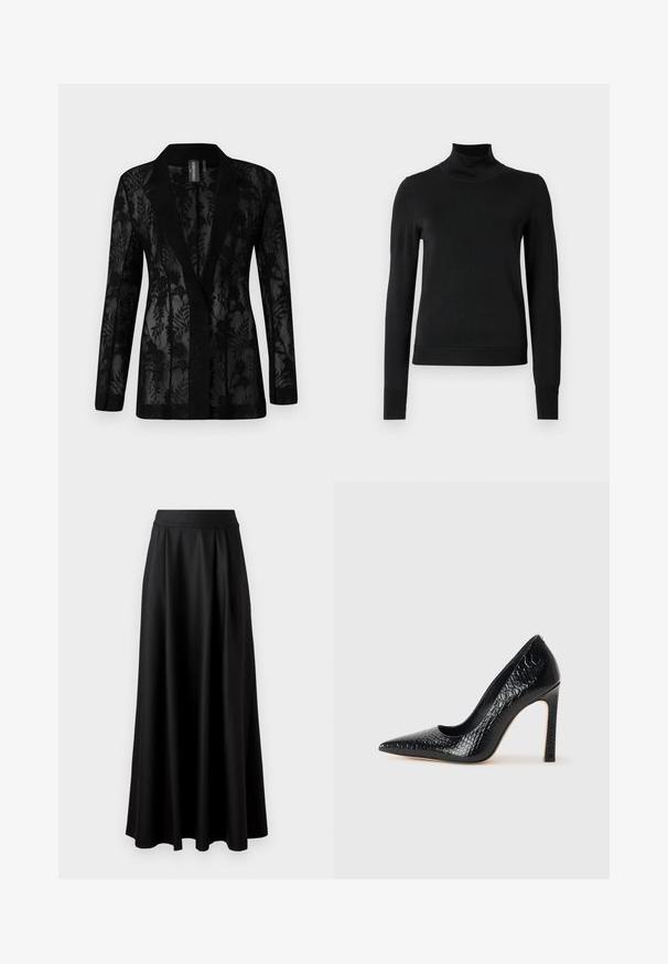 Mustmustar must sideme võrgutav pitsist overlay lillemustriga, narmastega krae ja pikkade varrukatega. Tekstuuriga riie, mis on kohandatud sobivuse järgi.; Mustmusterta mustaga pikkade varrukatega kõrge kaelusega sviiter, millel on ribakudumisega mansetid ja äär, esitatud lihtsal valgel taustal.; Mustmust pikk, must seelik, millel on sile tekstuur, lai vöökoht ja volditud disain, ilma nähtavate mustrite või kaunistusteta.; Mustan teravaotsaga kõrge kontsaga king, millel on krokodillimustriga tekstuur, stiilne disain, kõrge stilettokonts ja sile must sisesisustus.