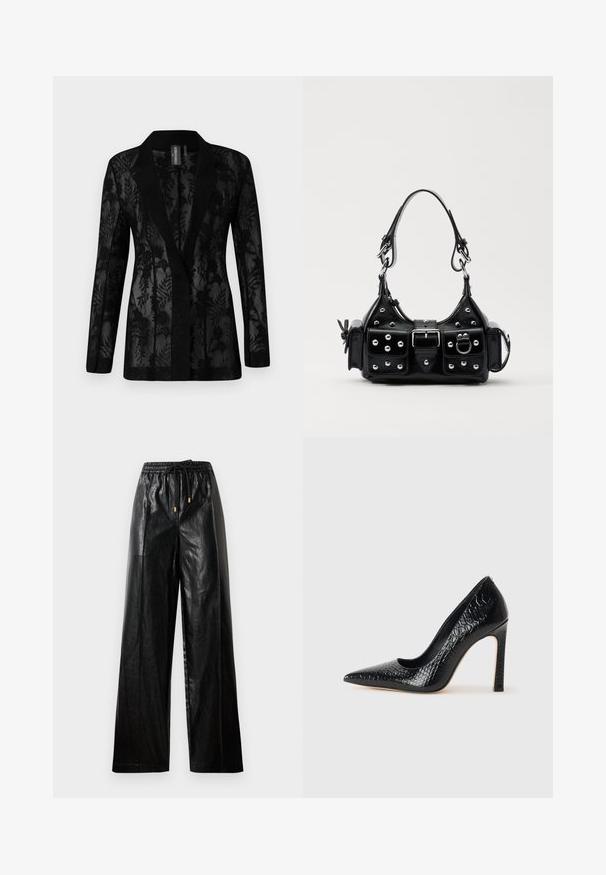 Blazer preto com sobreposição de rendas transparentes com padrões florais, gola com aberturas e mangas longas. Tecido texturizado com um corte ajustado.; Body preto de manga longa com decote V profundo, design em camadas de babados na zona do peito e mangas balão. Tecido liso e elástico.; Calças largas de couro preto com cintura elástica, cordão e detalhes em metal dourado. Textura suave e corte solto.; Sapato de salto alto de bico fino preto com textura de pele de crocodilo, apresentando um design elegante, salto agulha alto e interior preto suave.; Bolsa de couro preta com um design curvado, apresentando tachas prateadas, uma fivela e dois bolsos laterais. Alça ajustável para opções de transporte.