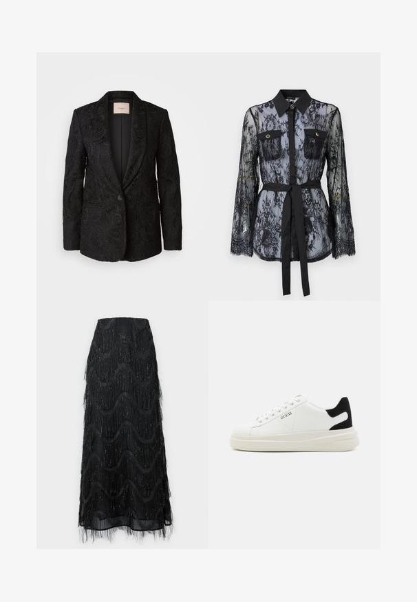 Blazer negro con intrincado bordado de encaje, forma estructurada, solapas de muesca, cierre de un solo botón y forro interior suave.; Blusa de encaje negro con mangas largas, bolsillos en el pecho con botón, cuello clásico y un cinturón de tela atado a la cintura. Diseño transparente.; Falda midi negra con flecos en capas y patrones de ondas. Fabricada con material transparente y acentos brillantes a lo largo de los bordes.; Zapatillas blancas de cuero con una suela blanca gruesa, acento en el talón de ante negro y logo grabado en el lateral. Diseño de cordones con seis ojales.