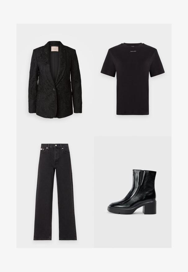 Blazer negro con intrincado bordado de encaje, forma estructurada, solapas de muesca, cierre de un solo botón y forro interior suave.; Camiseta de algodón negra con mangas cortas, cuello redondo y pequeño logo blanco de "Calvin Klein" en el pecho. Textura suave, corte clásico.; Jeans anchos de mezclilla negros, con cintura alta, cinco bolsillos y cierre de botón metálico con costuras contrastantes.; Botas de tobillo de charol negro con puntera curva, paneles laterales elásticos y un tacón ancho. Presentan un logo embosado en la parte posterior.