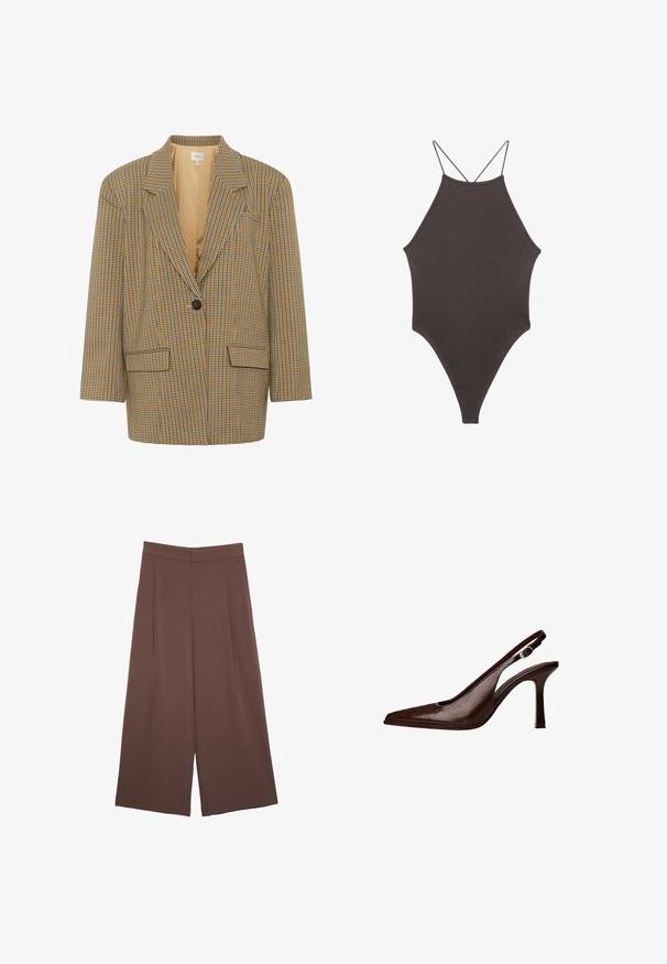 Gestuz CORINA wielokolorowy; Brązowy jednoczęściowy kostium kąpielowy z wysokim dekoltem i cienkimi, regulowanymi ramiączkami; charakteryzuje się wysokim krojem nogawek i gładką teksturą. Bez wzorów ani ozdób.; Brązowe spodnie o szerokich nogawkach z gładką fakturą, z wysokim stanem i plisami z przodu. Materiał jest lekki i luźno opada.; Brązowe skórzane sandały typu slingback z ostrym noskiem i cienkim obcasem. Posiadają małą klamrę akcentującą na pasku oraz błyszczące wykończenie.