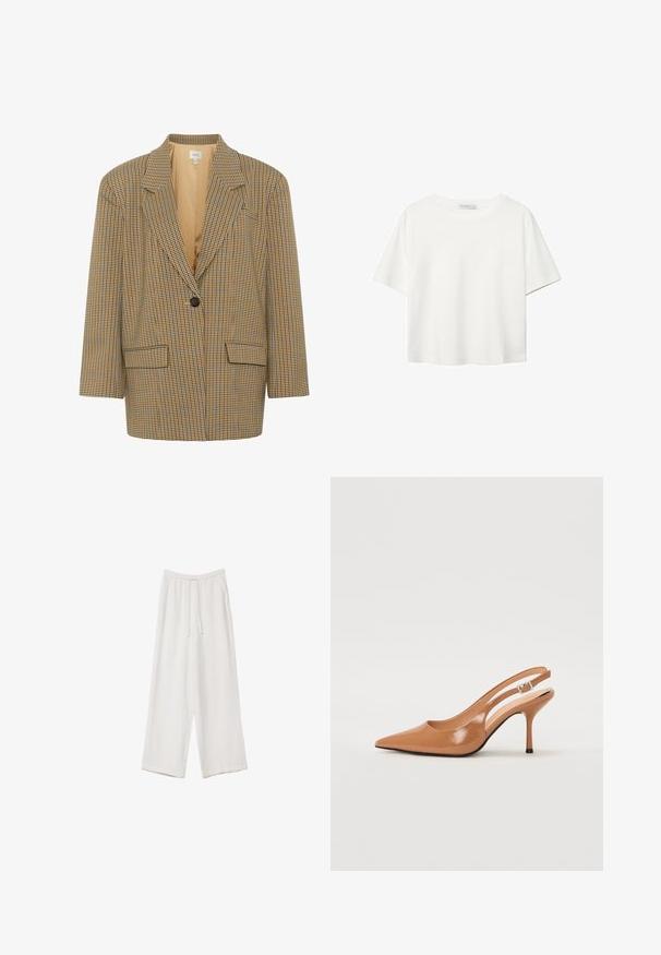 Gestuz CORINA - Suknjič - multi-colored; Bela kratka majica s kratkimi rokavi iz bombaža. Ima okroglo izrezovanje in sproščen kroj. Gladka tekstura brez vidnih vzorcev ali poudarkov.; Bele široke hlače iz lahkega materiala. Imajo elastičen pas s vrvico in stranske žepe. Gladka tekstura.; Slinčaste pete z ostro konico v gladkem, sijočem bež materialu. Imajo ukrivljen rez in vitko stiletto peto. Podrobnost s srebrno zaponko.