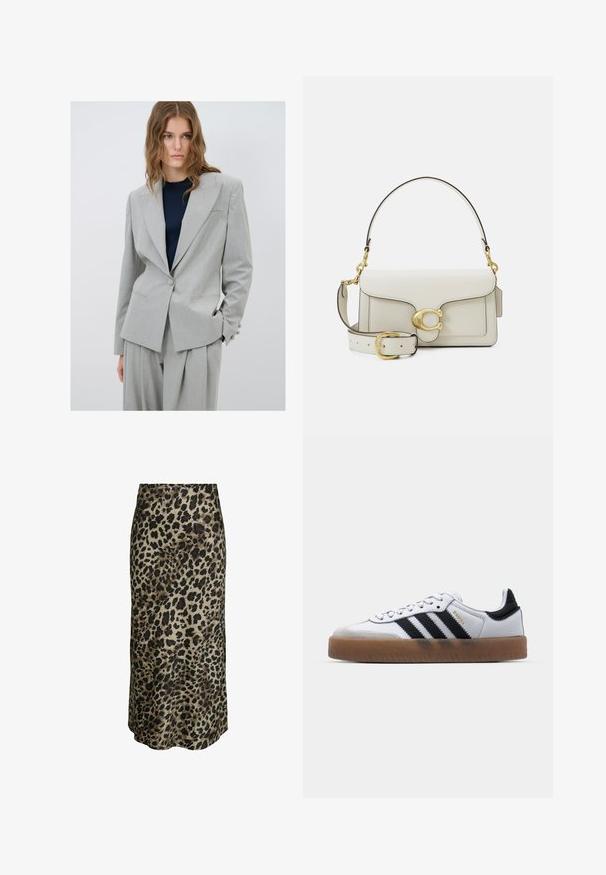 Blazer gris claro con un diseño estructurado, cierre de un solo botón y dos bolsillos frontales. Combinado con una blusa azul oscura y pantalones sueltos.; Camisa blanca de botones con cuello puntiagudo, mangas largas y un pequeño logo azul en el lado izquierdo del pecho. Confeccionada en tejido de algodón.; Falda midi de estampado de leopardo en una tela sedosa. Presenta una textura suave, fondo beige neutro con manchas de un marrón profundo y negro.; Zapatillas de cuero blancas con rayas negras, suela de goma, puntera redonda, cierre de cordones y caperuza de ante gris suave.; Bolso de mano de cuero blanco con un cierre en tono dorado, detalles en negro, un asa de hombro desmontable y un diseño estructurado con cierre de solapa.; Singularu DROP - Pendientes - gold-coloured