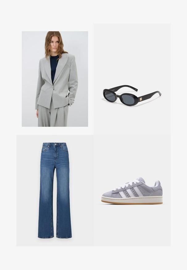 Blazer grigio chiaro con un design strutturato, chiusura a un bottone e due tasche frontali. Abbinato a un top blu scuro e pantaloni larghi.; Maglietta bianca in cotone con maniche corte, collo rotondo e tessuto liscio. Il retro è semplice, senza motivi o disegni aggiuntivi.; Jeans blu a vita alta e gamba ampia, realizzati in denim, con un classico design a cinque tasche e un leggero sbiadimento lungo le gambe.; Sneakers in suede grigio con strisce bianche, punta rotonda e suola in gomma. Presentano perforazioni laterali e una linguetta sul tallone testurizzata.; Occhiali da sole ovali neri con lenti scure, montatura in plastica lucida, aste larghe e un piccolo accent in oro su un lato.
