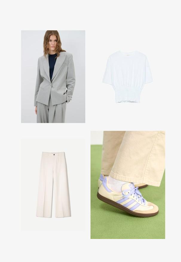 Svetle šedý blazer se strukturovaným designem, uzavírání na jeden knoflík a dvěma předními kapsami. Doplněno tmavě modrým topem a volnými kalhotami.; Bílý tričko s krátkým rukávem, se volným střihem a nařasenou texturou v pase. Vyrobeno z měkkého, lehkého materiálu.; Krémové široké kalhoty s tailored designem, které mají dvě přední kapsy a jedno zapínání na knoflík vpředu, vyrobené z hladkého materiálu.; Krémové a levandulové tenisky se třemi pruhy a texturovanou hnědou podrážkou, vybavené tkaničkami a polstrovanou patou. Měkký textilní svršek.