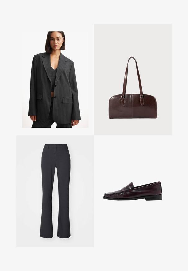 Schwarzer, gestreifter Blazer mit lockerer Passform, Ein-Knopf-Verschluss, Reverskragen und Seitentaschen. Hergestellt aus glattem Stoff mit strukturierter Verarbeitung.; Strickpullover in einem gedämpften Olivton, mit einem runden Ausschnitt, überschnittenen Schultern und gerippten Bündchen sowie Saum für zusätzliche Textur.; Weekday SUITING - Stoffhose - dark grey; Dunkelbraune Herrenleder-Pennyloafers mit schwarzer Sohle und Steppdetails entlang der Spitze, im Seitenprofil gezeigt.; Braune Ledertasche mit zwei langen Tragegriffen, einer strukturierten rechteckigen Form, glatter Textur und abgerundeten Kanten. Besitzt Akzentdetails an den Griffen.