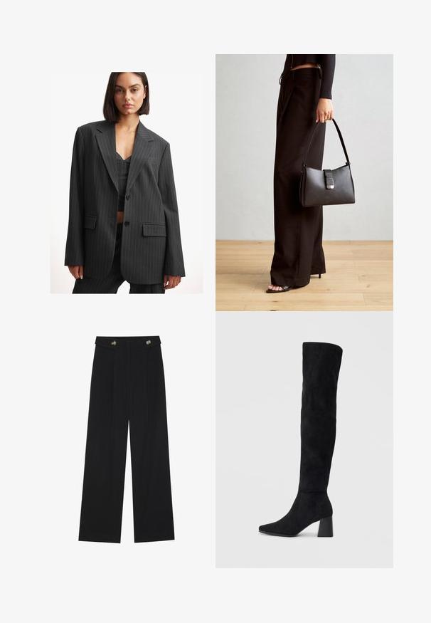 Blazer noir à rayures fines avec une coupe décontractée, fermeture à un bouton, revers crantés et poches latérales. Fabriqué en tissu lisse avec un design structuré.; Deux débardeurs sans manches en noir et blanc. Fabriqués en tissu doux et extensible avec une texture côtelée et un design ajusté. Dotés de bretelles fines.; Pantalons larges noirs à taille haute, avec des détails de boutons à la taille et des plis sur le devant.; Botte noire en daim montée jusqu'au genou, avec un talon bloc, un bout pointu et un design lisse et sans couture sur un fond clair.; Sac à main noir à la forme structurée, texture lisse et fermoir métallique. Associé à un pantalon noir ample et des sandales ouvertes sur un sol en bois.