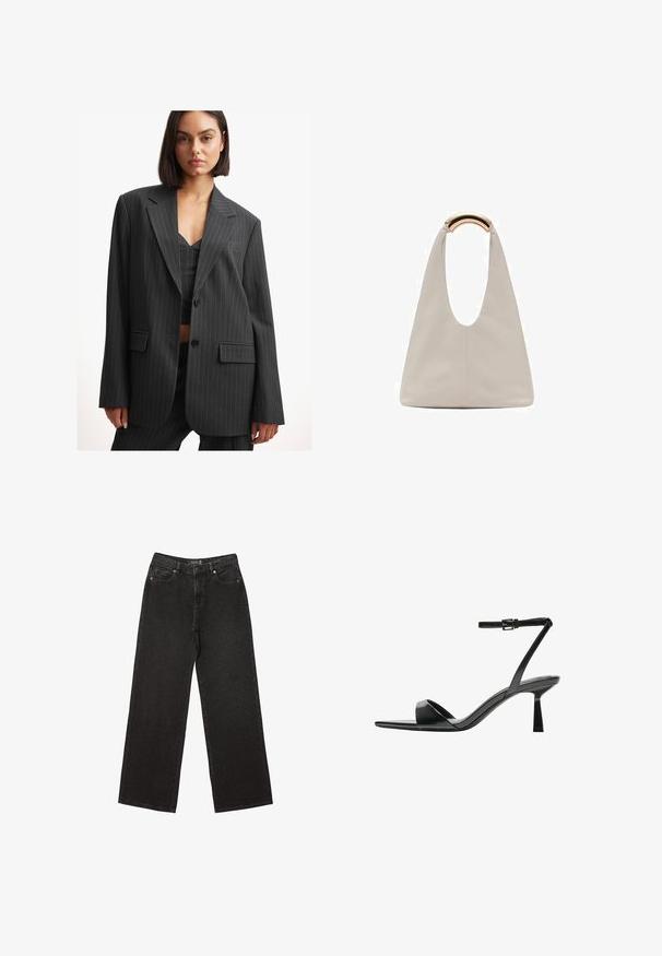 Black pinstriped blazer with a loose fit, single-button closure, notched lapels, and side pockets. Made of smooth fabric with a structured design.; White short-sleeve ribbed top with a round neckline. Soft texture and relaxed fit, featuring a simple design without additional patterns.; Black wide-leg jeans made of denim, featuring small dotted patterns, classic five-pocket design, and a button and zip fly closure.; Bershka High heeled sandals - black; Light gray leather bag with a U-shaped design and a curved metallic handle. Smooth texture with minimal stitching and no visible patterns.