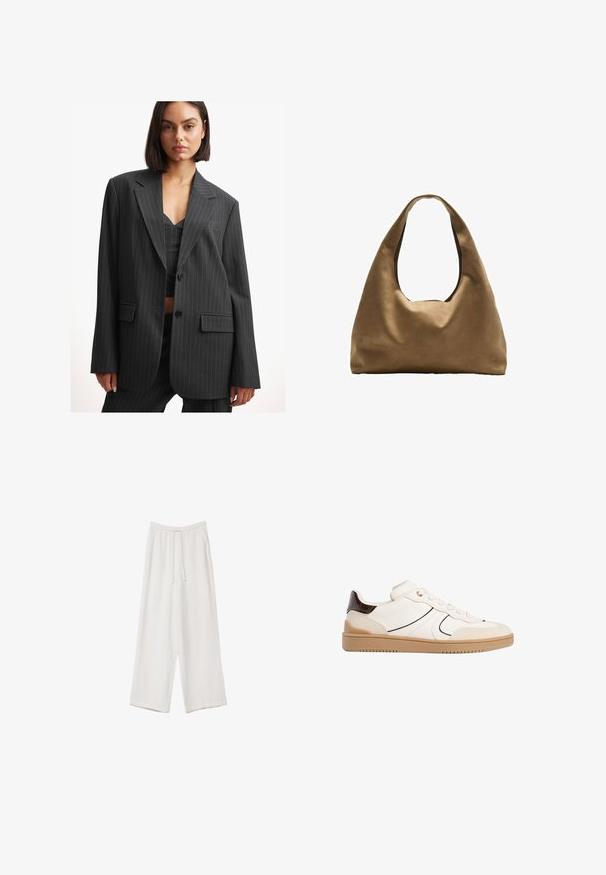 Mustat pinstripe-takit, joissa on väljä istuvuus, yksittäinen napitus, viistonapit ja sivutaskut. Valmistettu sileästä kankaasta, jossa on jämäkkä muotoilu.; Vaaleanbeige lyhythihainen t-paita, jossa on pyöreä kaula-aukko, valmistettu pehmeästä ja sileästä kankaasta. Ominaisuuksina rento mitta ja suora helma.; Valkoiset leveälahkeiset housut kevyestä kankaasta. Ominaisuuksiin kuuluu elastinen vyötärö, jossa on nauhakuuluma ja sivutaskut. Sileä rakenne.; Stradivarius Matalavartiset tennarit - white; Ruskea kangaskassi, jossa on leveä, pyöristetty muoto ja suuri leikattu kahva. Pehmeä pinta, minimalistinen muotoilu ja ei näkyvää metalliosaa.