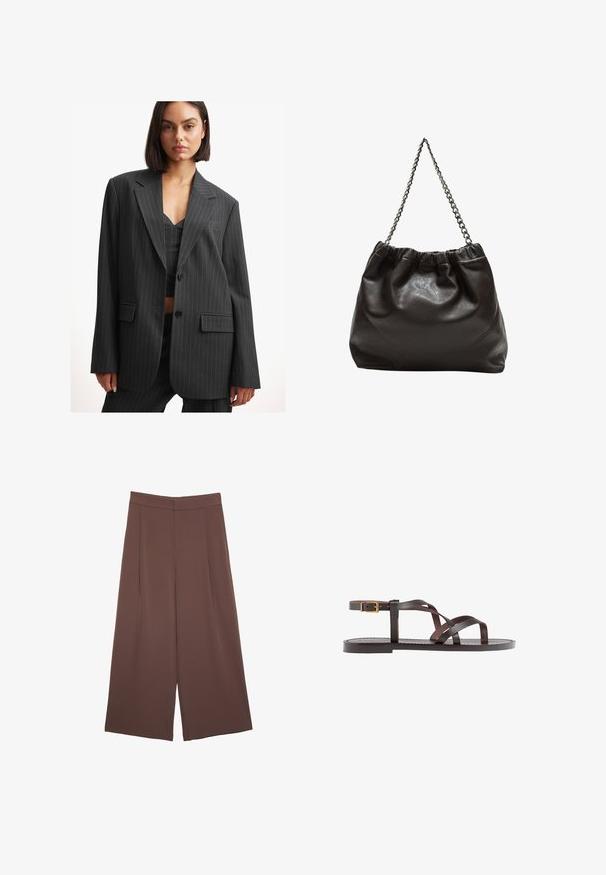 Blazer nera a righe con una vestibilità ampia, chiusura a un bottone, rever a punta e tasche laterali. Realizzato in un tessuto morbido con un design strutturato.; T-shirt in cotone marrone con maniche corte e scollo a V profondo. Design semplice, texture morbida e orlo dritto. Senza fantasie o dettagli.; Pantaloni ampi marroni con una texture liscia, caratterizzati da una vita alta e pieghe frontali. Il tessuto è leggero e scorre liberamente.; Sandal in pelle marrone con cinturini incrociati, chiusura con cinturino alla caviglia e suola piatta con dettagli di cucitura minimi.; Borsa in pelle marrone con parte superiore arricciata e tracolla a catena. Texture liscia con finitura lucida e dettagli di cucitura sottili sui lati.