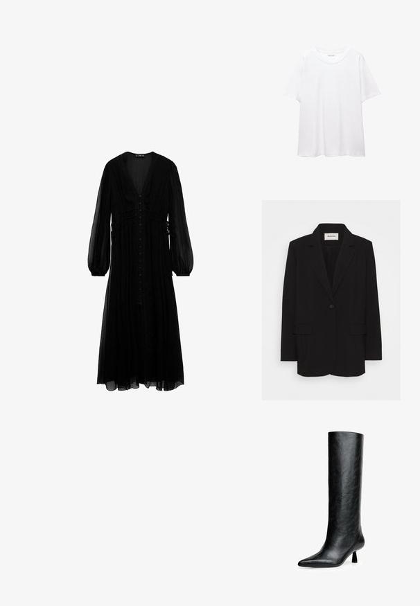 Blazer nero in tessuto liscio, con chiusura a un bottone, rever a punta e due tasche frontali. Design minimalista con vestibilità rilassata.; Abito maxi nero realizzato in tessuto trasparente, con maniche lunghe, scollatura a V profonda, chiusura con bottoni sul davanti e dettagli arricciati in vita.; T-shirt bianco semplice realizzato in cotone, con scollatura rotonda, maniche corte e vestibilità morbida. Texture liscia senza motivi o accenti.; Stivale nero al ginocchio realizzato in pelle testurizzata. Caratterizzato da una punta affilata e un tacco piccolo e svasato. Design elegante e liscia con accentuazioni minime.