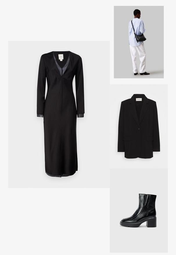 Melnā žakete, izgatavota no gludas auduma, ar vienu pogu aizdari, izgrieztiem klājiem un divām priekšējām kabatām. Minimalistisks dizains ar brīvu piegriezumu.; Melns garo piedurkņu kleita gludā audumā, ar dziļu V-veida kakla izgriezumu, satīna akcentiem uz apkakles un sānu izgriezumiem, lai nodrošinātu kustību brīvību.; Melnas lakotas ādas potītes zābaki ar izliekto purngalu, elastīgām sānu paneļiem un masīvu blokveida papēdi. Aizmugurē ir izsistā logo.; Melna ādas plecu soma ar mīkstu tekstūru, trīsstūra formu un regulējamu siksnu, apvienota ar gaiši zilu svītrotu krekli un baltām biksēm.