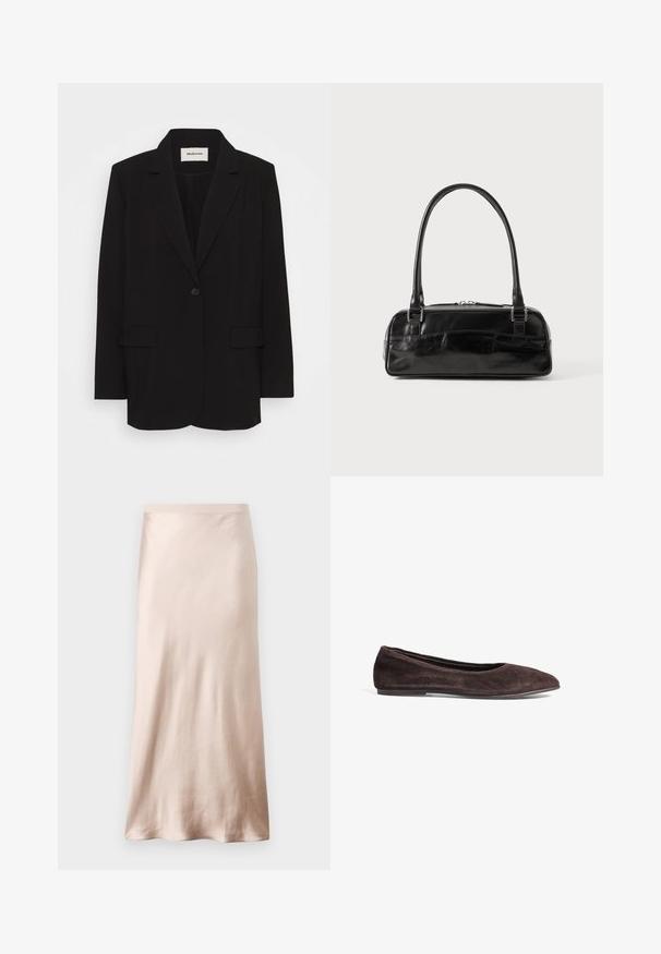 Čierny blazer vyrobený z hladkej tkaniny, s jedným gombíkom na zapínanie, s vykrojenými klopami a dvoma prednými vreckami. Minimalistický dizajn s voľnejším strihom.; Čierny top s tenkými nastaviteľnými ramienkami, čipkovým lemovaním pozdĺž výstrihu a hladkou saténovou textúrou. Jednoduchý a elegantný dizajn.; Saténová midi sukňa v svetlej béžovej farbe, so priliehavým pásom, hladkou textúrou a rozšíreným lemom, bez viditeľných ozdôb alebo vreciek.; Hnedé semišové baletky s špicatou špičkou a nízkym profilom. Majú hladký povrch a minimalistický dizajn. Žiadne viditeľné kovanie ani akcenty.; Čierna kožená kabelka obdĺžnikového tvaru, vybavená jednou pevnou rukoväťou, strieborným kováním a zipsom. Hladký povrch.