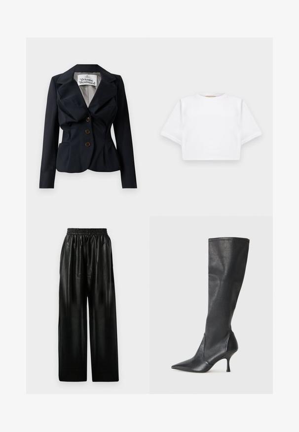 Námornícký blejzer vyrobený z hladkého materiálu, s peplum pásom, veľkými klopami a tromi hnedými gombíkmi vpredu. Viditeľná nálepka Vivienne Westwood.; Strihnuté biele tričko vyrobené z mäkkej látky, s krátkymi rukávmi, okrúhlym výstrihom a rebrovanými detailmi na lemovaní. Jednoduchý a nezdobený dizajn.; Čierne kožené nohavice s širokými nohavicami a elastickým pásom, so štyrmi bočnými vreckami a hladkou, lesklou textúrou.; Čierne kožené čižmy do výšky kolien s špicatou špičkou a úzkym stiletto podpätkom. Hladká textúra s priliehavým dizajnom a prešitím na vrchnom okraji.