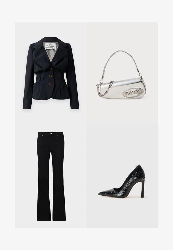 Sinine bleiser, mis on valmistatud siledast kangast, peplum-vöökoha, suurte klappidega ja kolme pruuni nööriga ees. Vivienne Westwoodi silt on nähtav.; Must mustriga pikkade varrukatega crop-top, mis on valmistatud tekstureeritud kangast, millel on liibuv disain ja kogutud detailid rinnaosas.; Mustad teksased, millel on flared lõige, kaks esi-taskut, nööbiga kinnitamine ja sile tekstuur. Tootemärgistus on nähtav õmblustes.; Mustan teravaotsaga kõrge kontsaga king, millel on krokodillimustriga tekstuur, stiilne disain, kõrge stilettokonts ja sile must sisesisustus.; Hõbedane metallist käekott, millel on ümar kolmnurkne kujundus, millel on logo, kettrihm ja sile tekstuur. Küljel on lukuga sulgur.