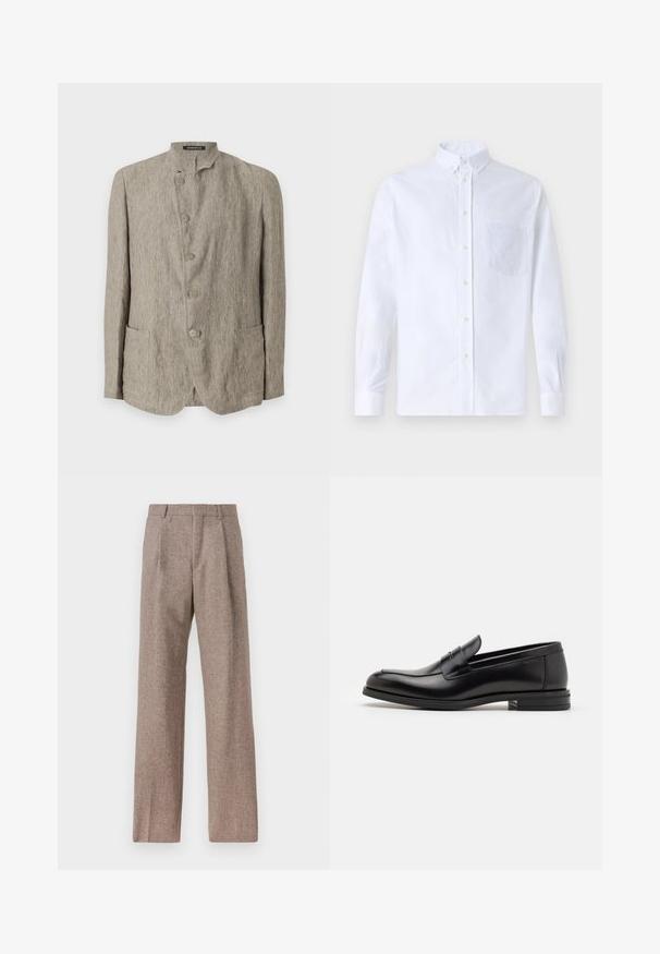 Emporio Armani Švarkas - beige scuro melange; Balta ilga rankovė mygtukų marškiniai, pagaminti iš medvilnės, su krūtine kišene ir toniniu siuvinėjimu, apykakle ir mygtukų apvadu.; Rudos, aukšto liemens kelnes, pagamintas iš tekstūruotos medžiagos. Plati kojos, dvi priekinės klostės struktūrai. Tvarkingas apdailos darbai, be matomų detalių.; Juodos odinės loafers, turinčios lygų paviršių, apvalią noselę ir dekoratyvinę juostą per priekinę dalį. Žemas krentantis kulnas, minimalistinis dizainas.