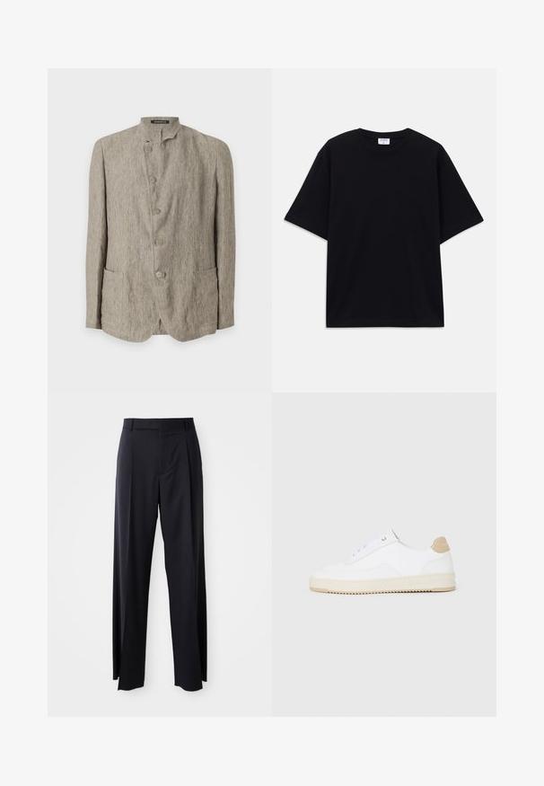 Emporio Armani Blézerkabát - beige scuro melange; Fekete, rövid ujjú, oversize póló kerek nyakkivágással és látható Filippa K márkacédulával a gallér belső részén.; Fekete, magasan ültetett nadrág, széles szárai vannak, sima anyagból készült. Elülső redők és övhurkok jellemzik. Minimalista dizájn, látható fémalkatrészek nélkül.; Fehér, alacsony szárú sportcipők textúrált bőr felsőrésszel, krémszínű bordás talppal és barna sarokdíszítéssel. Fehér fűzőkkel és logóval ellátott sarokkialakítással rendelkezik.