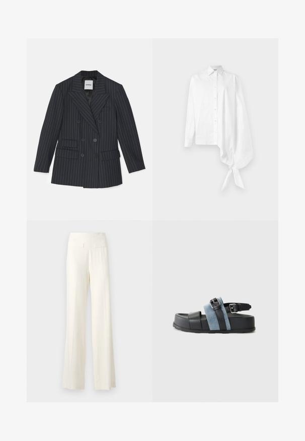 sandro COURBEVOIE - Blazer - black; Vit långärmad skjorta med knappar och en asymmetrisk oversized sammanknuten ärm vid handleden på höger sida.; Breda byxor i elfenben med en texturerad tyg, med subtila vertikala ränder och två bakfickor.; Svart och blå sandal med en tjock plattform, läder- och denimmaterial, justerbar spänne och öppen tå-design.