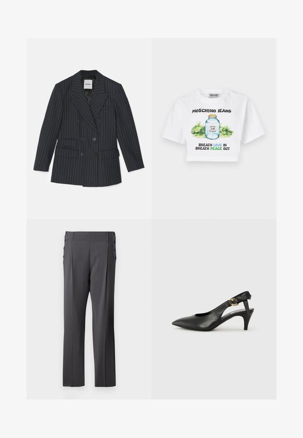 sandro COURBEVOIE - Blézer - black; Fehér rövidített póló, zöld növényzettel díszített üveg befőttesüveget ábrázoló grafikával. Fekete és kék szöveg olvasható rajta: "MOSCHINO JEANS" és a szerelemről és békéről szóló kifejezések.; Szürke szabott nadrág, egyenes lábzattal, elülső redőkkel és díszes oldalsó gombokkal a részletesség fokozása érdekében. Sima szövettextúra.; Fekete bőr slingback szivattyú hegyes orral, kis sarokkal és csat részlettel a bokapánton. Simaság, minimalista dizájn.
