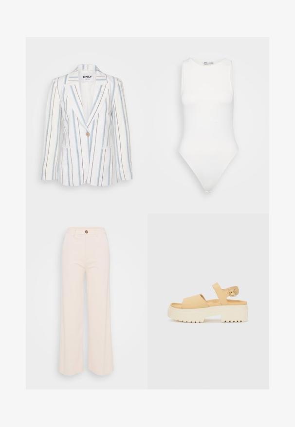 Stripet blazer i hvit med blå og brune vertikale linjer. Har en enkelt knapp lukking og to frontlommer. Skreddersydd design, ikke foret.; Hvit ermeløs body med høy hals og thong-snitt. Jevn tekstur og tettsittende silhuett designet for en kroppsformet look.; Bredde bukser i myk kremfarget stoff, med høy liv, en enkelt knapp lukking og minimale sømdetaljer.; Gule faux lær sandaler med en chunky hvit plattformsåle. Har to brede stropper og en justerbar ankelstropp med metallspenne.