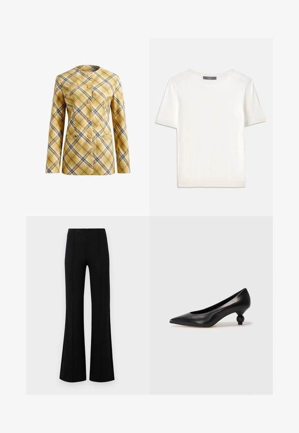 Ruudullinen bleiseri keltaisessa, valkoisessa ja mustassa värissä, jossa on kaulukseton muotoilu, edessä napitus ja kaksi etutaskua. Teksturoitu kangas.; Valkoinen lyhythihainen neulepaita, jossa on pyöreä kaula-aukko. Paidan pinnassa on sileä rakenne ja hihansuissa sekä helmassa hienostuneet ribbineulekoristeet.; Musta leveälahkeinen housu, jossa on korkea vyötärö, valmistettu joustavasta kankaasta. Etupuolella on pystysaumayksityiskohtia ja sileä pinta.; Musta nahkakengät korkealla korolla, joissa on terävä kärki ja pyöreä, pallomainen korko. Sileä pinta ja tyylikäs, minimalistinen muotoilu.