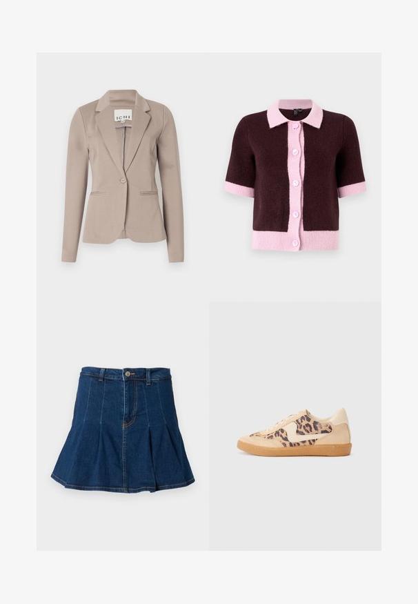 Bež proovitud pintsak ühe nupuga, sakiliste kraede ja kahe esisekuga. Valmistatud siledast keskmise kaaluga kangast.; Lühikeste varrukatega kardigan tumesaharas kudumismaterjalist, millel on helesinine krae ja nööpide rida, kontrastsetest roosadest lainetest ja varrastest.; Musthave musta lühikeste varrukatega top, millel on ümmargune kaelus, lõikega detail ja seotud esitasku. Valmistatud pehmest ja kergest kangast.; Tume sinine teksaseelik, millel on voltimise disain, viis taskut, ees nööp sulgemine ja kontrastse õmblusega detailid.; Leopardi mustriga tossud, millel on beež sueded ülemine osa, pruuni kummist põhi ja valged aktsendid. Ümar nina ja lipsukujundus, millel on tekstureeritud viimistlus.