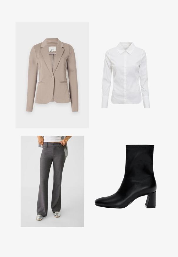Beige skräddarsydd kavaj med en enkel knapp, slagkrage och två framfickor. Tillverkad av ett slätt tyg med medelvikt.; Vit långärmad skjorta med klassisk krage, knappstängning framtill och slätt bomullstyg. Minimalistisk design, utan mönster eller dekorationer.; Grå utställda byxor i texturerat tyg, med dubbelknappslås och bälteshällor, i kombination med blanka silversneakers.; Svart ankelsko i slät läder. Har en fyrkantig tå, elastisk överdel och en kraftig klack för stabilitet. Minimalistisk design.