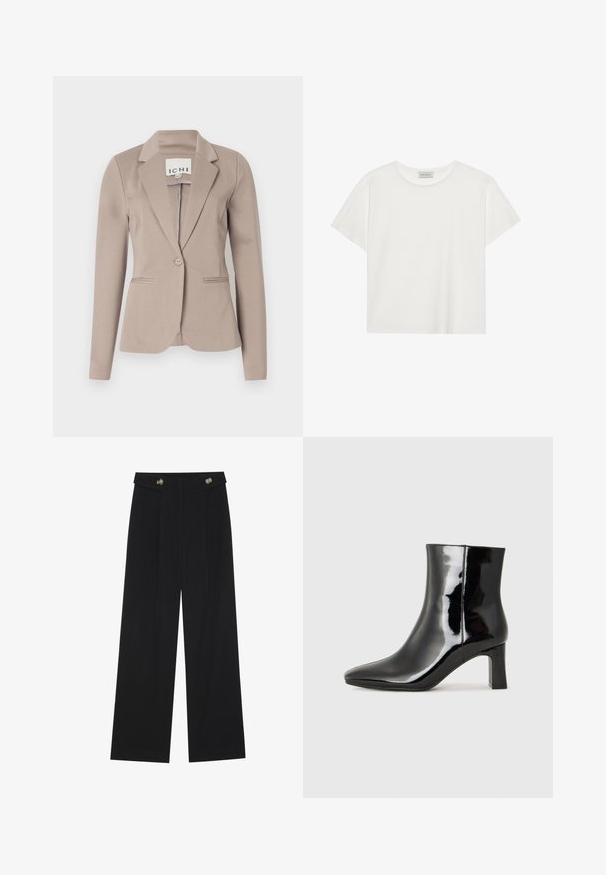 Beige szabott zakó egy gombbal, kipontozott gallérral és két elülső zsebbel. Simább, közepes súlyú anyagból készült.; Fehér, rövid ujjú póló, puha pamutból készült. Kerek nyakkivágással és laza szabással rendelkezik. Tiszta dizájn, látható minták vagy díszítések nélkül.; Fekete, bő szárú nadrág magas derékkal, gombos részletekkel a derékrészen és elülső pliszékkal.; Fekete lakk bőrcipő bokáig érő, hegyes orral és közepes magasságú tömbsarokkal. Simább textúrával és minimalista dizájnnal rendelkezik.