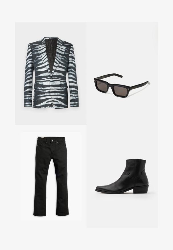 Zwarte blazer met een zebrapatroon in wit en grijs, enkele knoopsluiting, twee voorkruiszakken en een contrasterende voering.; Beige lange mouw crewneck sweatshirt, gemaakt van zacht materiaal, met ribgebreide manchetten en zoom, met een gladde textuur en minimalistisch ontwerp.; Zwarte denim jeans met een recht gesneden ontwerp, vijf zakken, metalen knoopsluiting en subtiele stikseldetails. Gladde textuur en effen kleur.; Zwarte leren enkellaars met een spitse neus, minimale stiksels, een middellange blokhak en een gladde, gepolijste afwerking.; Zwarte rechthoekige zonnebril met donkere lenzen, een dik plastic montuur, gouden accenten op de veren en het merkembleem gegraveerd op de arm.