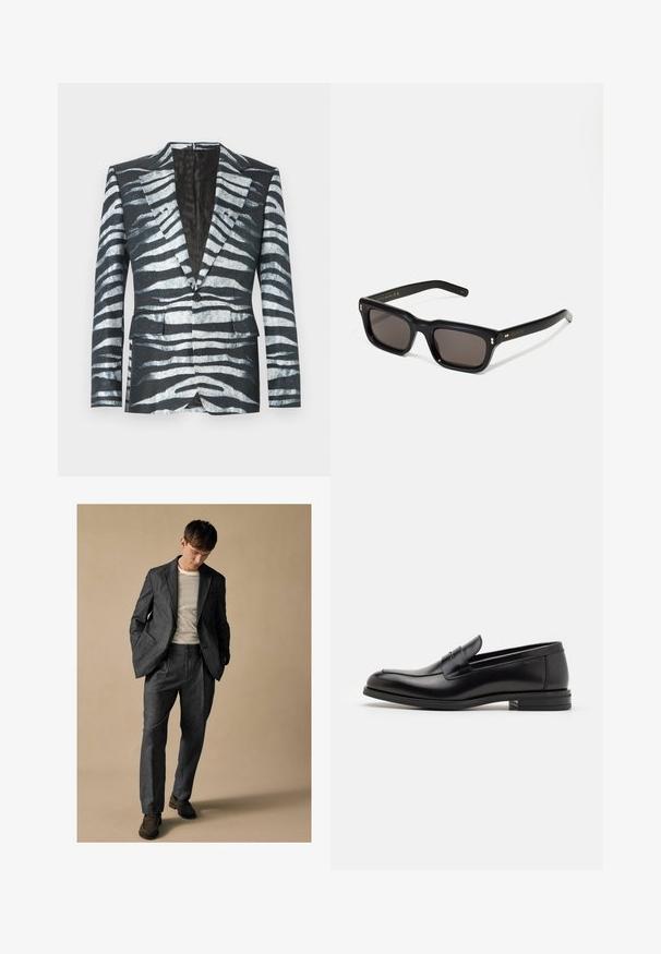 Blazer negru cu un model de dungi de zebră în alb și gri, închidere cu un singur buton, două buzunare frontale și o căptușeală în contrast.; Cămașă cu mâneci lungi, gri, cu buzunar pe piept și guler cu nasturi, așezată plat pe un fundal alb.; Costum gri, ajustat, cu rever în formă de denivelare și buzunare în față, asociat cu o cămașă cu dungi. Pantalonii au o croială lejeră și detalii de pliuri. Pantofi maronii.; Mocasini din piele neagră cu o textură netedă, vârf rotund și o curea decorativă peste partea superioară. Toc mic, design minimalist.; Ochelari de soare negri, rectangul care au lentile întunecate, ramă din plastic gros, accente aurii pe brațe și logo-ul brandului gravat pe mâner.