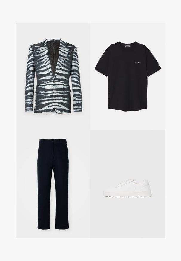 Fekete blézer zebramintázattal, fehér és szürke színekben, egysoros gombos záródással, két elülső zsebbel és kontrasztos béléssel.; Fekete pamut T-shirt kerek nyakkivágással, rövid ujjakkal, és fehér logónyomattal a bal mellrészen. Egyszerű, egyszínű dizájn.; Sötétkék pamut nadrág, egyenes szárú fazonnal, elülső gombos záródással és klasszikus derékkal, övhurkokkal.; Fehér sneaker sima bőr felsőrésszel, lekerekített orral, fűzőkkel, texturált oldalsó díszítésekkel és vastag gumitalppal. Minimalista dizájn.