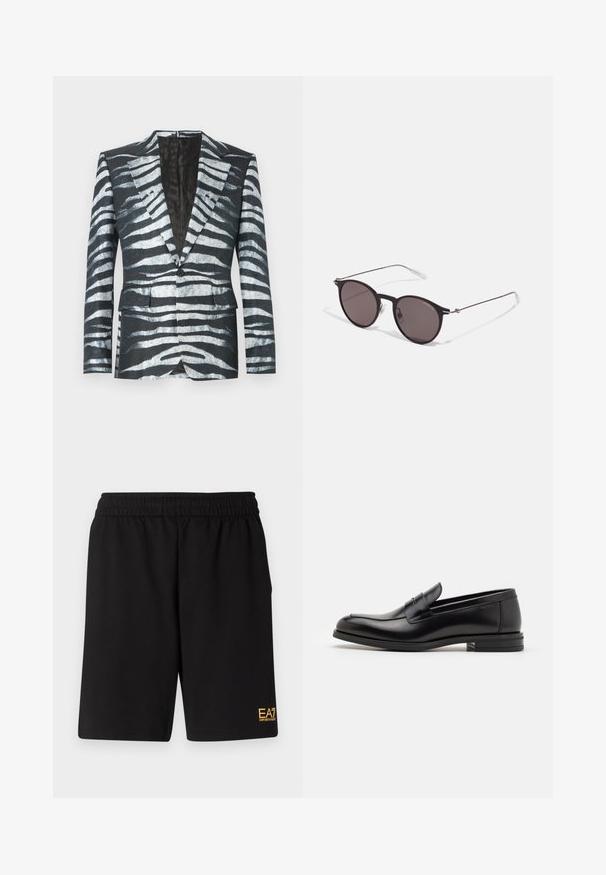 Juodas švarkas su zebro juostelių raštu baltos ir pilkos spalvos, su vienu mygtuko užsegimu, dviem priekiniu kišenėm ir kontrastinga pamušalu.; Juodas medvilninis marškinėliai su apvaliu iškirpu, trumpomis rankovėmis ir baltu "EMPORIO ARMANI" logotipu virš "Milano" kreivame dizaino.; Juoda sportinė šortai, pagaminti iš minkštos medžiagos, su elastingu diržu ir maža geltona EA7 logo apatinėje kairėje kojoje.; Juodos odinės loafers, turinčios lygų paviršių, apvalią noselę ir dekoratyvinę juostą per priekinę dalį. Žemas krentantis kulnas, minimalistinis dizainas.; Juodos apvalios saulės akinių su tamsiais lęšiais ir plonomis metalinėmis šakomis. Įtraukti skaidrūs šventyklų galai ir sidabriniai akcentai vyrio srityje. Minimalistinis dizainas.