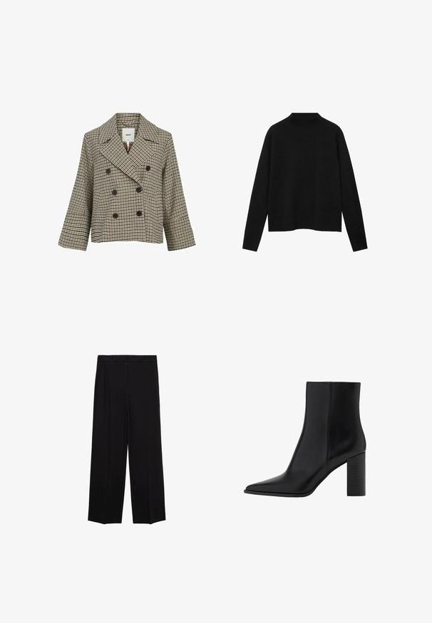 Dubbelgebreide cropped jasje in een bruin, zwart en wit ruitpatroon. Voorzien van grote knopen en een aangeknipte kraag; gemaakt van textuurstof.; Zwarte coltrui van zacht materiaal, met lange mouwen en een relaxte pasvorm, met een schone, minimalistische uitstraling.; Zwarte wijde broek van een gladde stof, met plooien aan de voorkant en zijzakken, ontworpen met een rechte, relaxte snit.; Zwarte leren enkellaars met een spitse neus, vierkante hak, een gladde textuur en stikdetails langs de naden. De hakken zijn ongeveer 8,9 cm hoog.