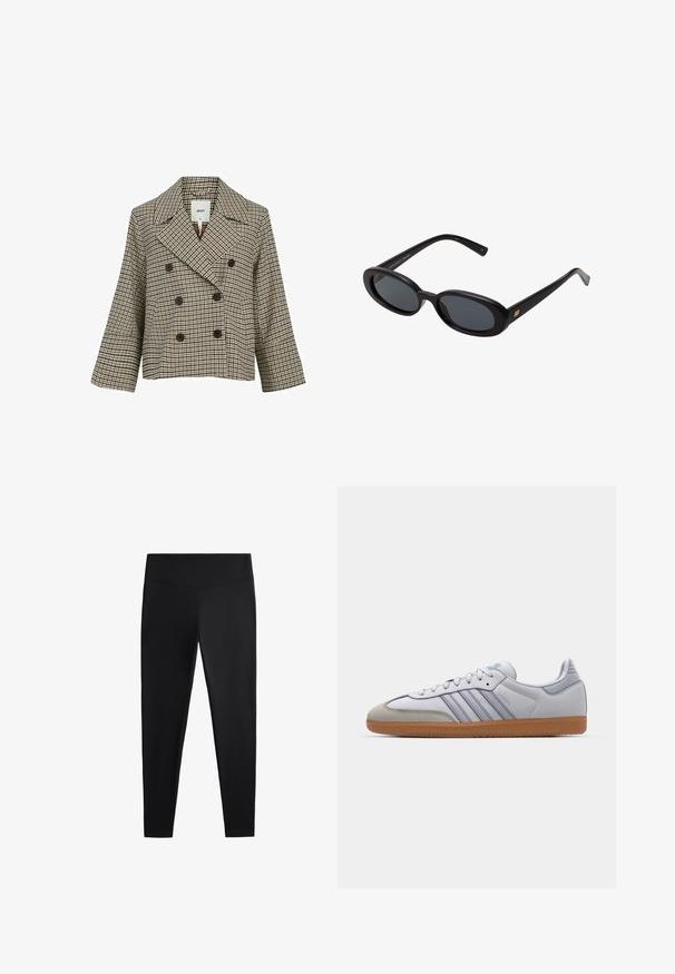 Kétgombos, rövidített kabát barna, fekete és fehér kockás mintával. Nagy gombokkal és kivágott gallérral rendelkezik; texturált anyagból készült.; Fehér bordázott ujjatlan póló, melyen a mellkas közepén egy fekete hímzett logó található. A nyakkivágás és az ujjak nyílásai finom szegéllyel vannak ellátva.; Fekete leggings sima, rugalmas anyagból. Széles derékpánt és szűkülő lábzárás jellemzi, alkalmas aktív vagy laza viseletre.; Fehér bőr sportcipők világoskék részletekkel, szürke velúr orral és barna gumitalppal. Három kék csíkkal és "Samba" felirattal rendelkezik.; Fekete, oversize napszemüveg ovális lencsékkel, sima műanyag kerettel és arany részletekkel a fülpánton. Sötét lencséi védelmet nyújtanak a napfény ellen.