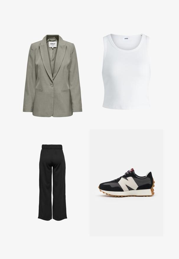 Ljusgrå blazer i slät tyg; har en enkel knappstängning, slagkrage och två framfickor med subtila sy detaljer.; Vit ribbade linne med rund halsringning, ärmlös design och kort längd. Märket säger "JJXX." Slät tygkvalitet.; Svarta, vida byxor med elastisk midja, tillverkade av en mjuk tyg. Har en ren design utan fickor eller synliga sömdetaljer.; Svart och grå mocka sneaker med en stor krämfärgad "N"-logotyp, lila snören och en texturerad gummisula.