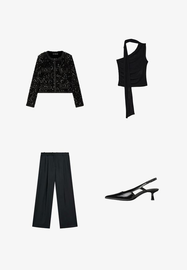Mango Blazer - black; Top smanicato nero con una sola spallina, caratterizzato da un accento fluido e drappeggiato e una texture laterale arricciata. Realizzato in un tessuto morbido.; Pantaloni neri a gamba larga con frontale plettato, vita con passanti per cintura e tasche laterali. Realizzati in un tessuto liscio con un design elegante.; Tacchi slingback in pelle verniciata nera con punta affusolata, design con tagli laterali e tacco quadrato piccolo. Texture liscia con dettagli minimi.