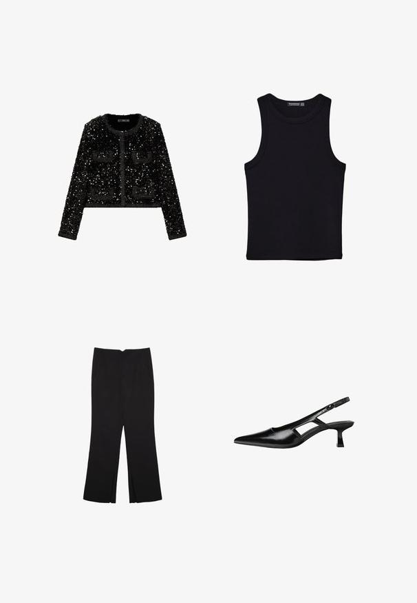 Mango Blazer - black; Svart linne i bomull, med rund halsringning och breda armhål. Slät yta med sydda fållar. Klassisk, minimalistisk design.; Svarta byxor med rak passform, utrustade med framfickor och sidoklyvningar vid fållen. Tillverkade av mjukt, slätt tyg. Lämpliga för olika tillfällen.; Svart lackläder slingback-klackar med spetsig tå, utskuren sidor och en liten fyrkantig klack. Slät textur med minimala accenter.