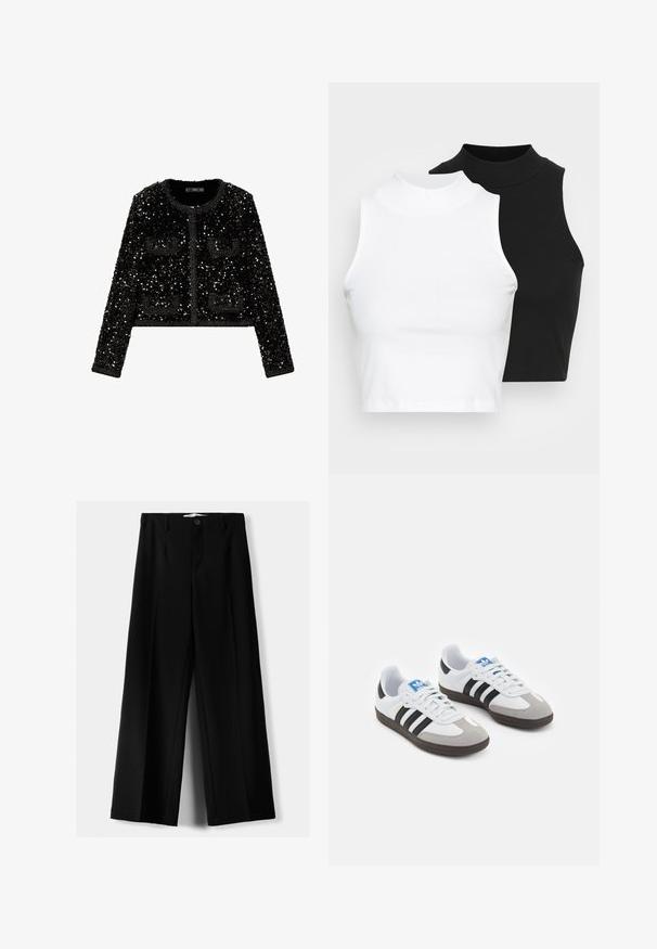 Mango Blazer - black; To kjoleløse ribbede turtleneck-toppe i sort og hvid, med en tætsiddende design og glat tekstur, samt cropped længde.; Sorte brede bukser lavet af letvægtsstof, med frontknaplukning og glat front, samt pænt syede kanter.; Sportsko med en overdel i hvid læder, grå ruskind på tåen og tre sorte striber. Har et blåt logo på tungen og en struktureret gummisål.