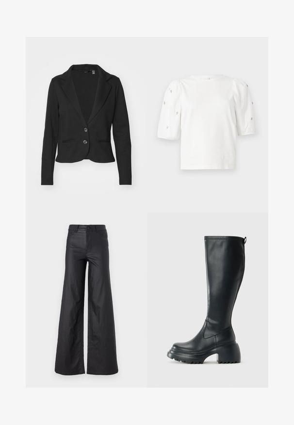 Melna strukturēta žakete ar garām piedurknēm, divām pogām un priekšējām kabatām. Izgatavota no gludas auduma ar iegrieztu apkakli un pieguļošu dizainu.; Balta kokvilnas t-kreklu ar īsām puff piedurknēm, ar nelieliem sudraba rotājumiem gar piedurknēm. Klasisks apaļš izgriezums, brīvā piegriezuma.; Melni, plata kāju bikses no mākslīgās ādas. Iespējas ietver augstu jostasvietu, jostu cilpas, divas priekšu kabatas un izšuvumu detaļas.; Augstas melnas ādas zābakus ar masīvu platformu un bloka papēdi, ar vilkšanas cilpu un strukturētu profilu uz ārējā zoles.