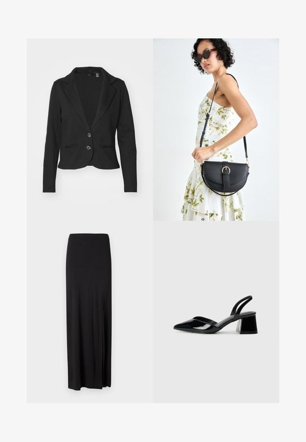 Juodas struktūruotas bleiseris su ilgomis rankovėmis, dviem sagomis ir priekiniu kišenėmis. Pagamintas iš lygaus audinio su įpjovatu apykakle ir prigludusia forma.; Pateikiamos dvi liemenėlės: viena juoda, kita balta. Abi turi plonas petnešas ir prigludusį dizainą, pagamintos iš lygaus, elastingo audinio.; Juoda maksi sijonas, pagamintas iš minkštos, elastingos medžiagos. Jame yra šoninė iškirptė ir paprastas, šiuolaikiškas dizainas be puošmenų.; Juodos lakuotos odinės šlepetės su smailiu pirštu ir geometriniu bloko kulnu. Turi elegantišką, minimalistinį dizainą ir lygų paviršių.; Juodas odinis krepšys su išlenkta forma, nuimamu dirželiu ir auksiniais detalėmis. Krepšys turi kilpą su sagtimi.